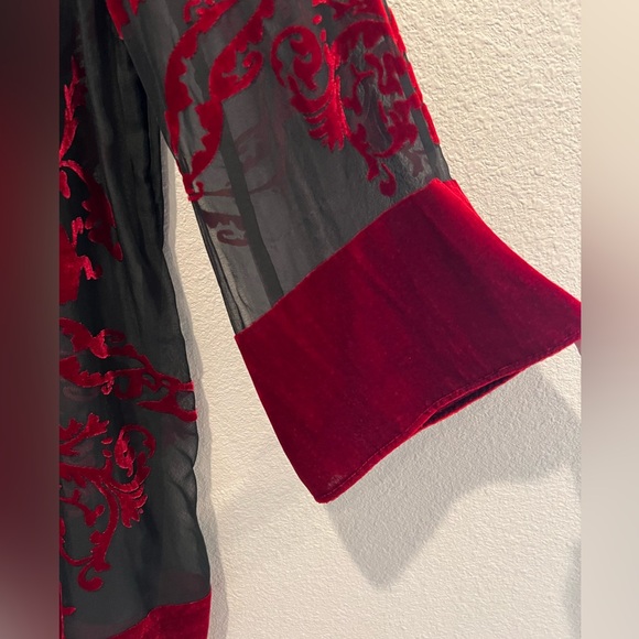 Neiman Marcus Cardigan Long Line Baroque Burnout Black Mesh Dark Red Velvet XL - Picture 5 of 9